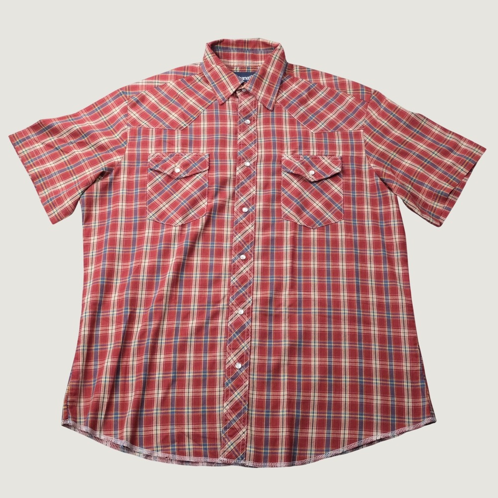 Wrangler Western Shirt Large Red Plaid Pearl Snap Short Sleeve Cotton Blend